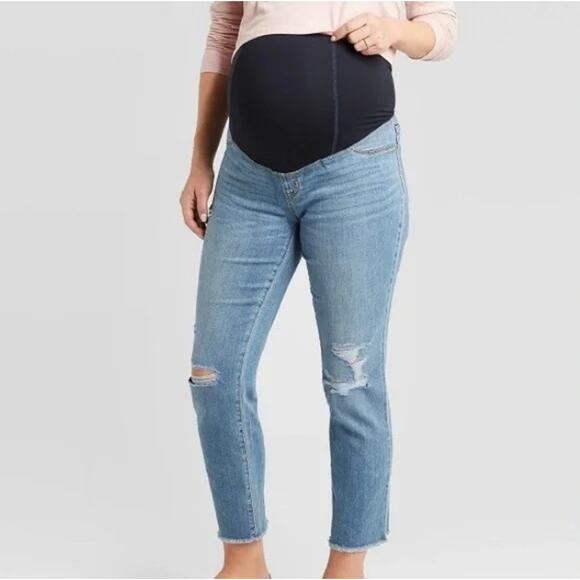 Ingrid and Isabel Straight Crop Distressed Over The Belly Maternity Jeans 10 - Picture 2 of 9